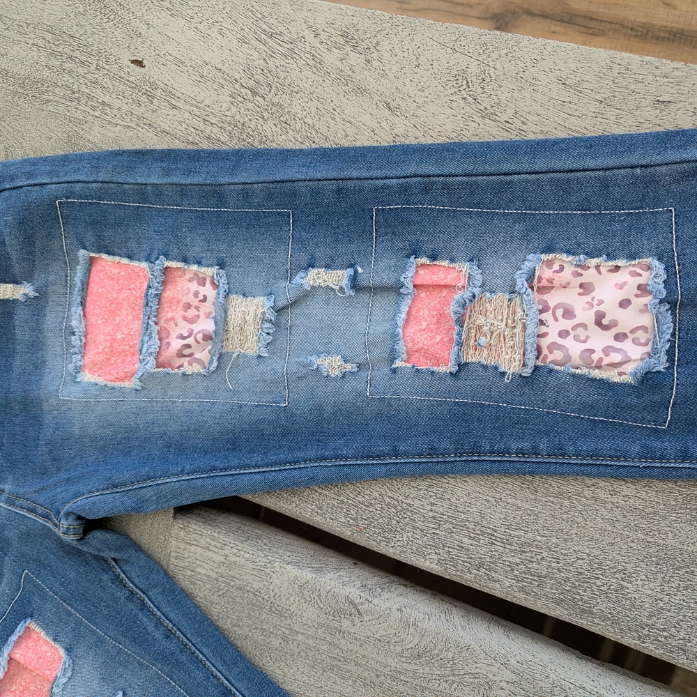 Women’s Blue Distressed Patchwork Jeans with Pink Accents Size M - Picture 3 of 16